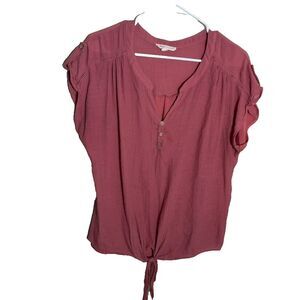 Parallel Skies Blouse Women's XL Pink Short Sleeve V-Neck Popover Tie Casual